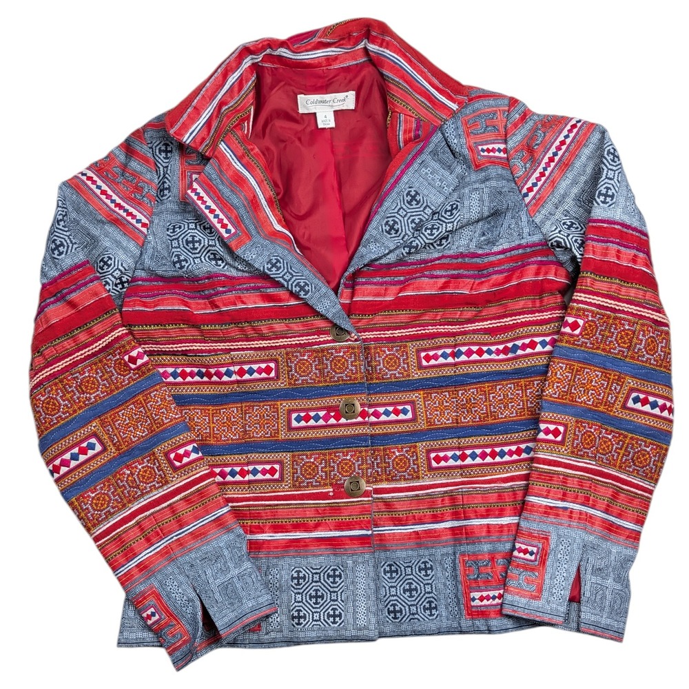 Coldwater Creek Jacket Women 4‎ Red Blue Geometric Stripe Boho Diamond
